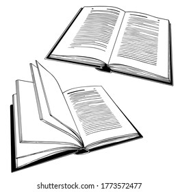 Set of open books. Black and white sketchy illustration. Hand drawn vector.
