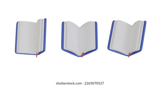 Juego de libros abiertos con marcador en diferentes posiciones .3d estilo de caricatura realista. Concepto de educación, aprendizaje. Ilustración del vector