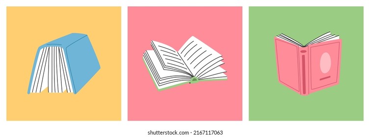 Set of open books. Education and literature concept. Read more. Hand drawn vector illustration isolated on colored background. Modern flat cartoon style.