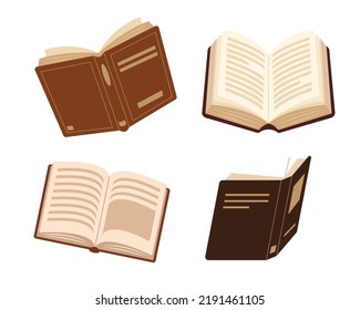 Set of open books. Education and science elements isolated on white background. Brown old book vector illustration.