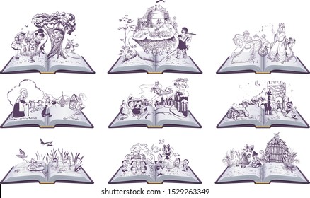 Set of open books fairy tales illustration. Cinderella, Inch, Snow Queen, Bremen Town Musicians. Isolated on white vector illustration