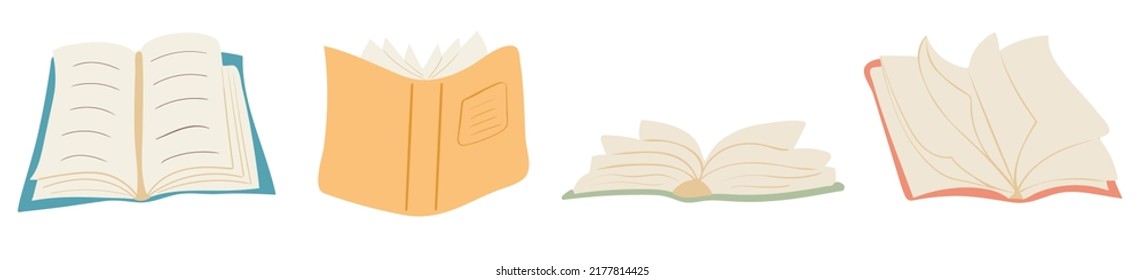 Set of open books. Hand drawn vector illustration isolated on white background. Education and reading concept for banner, website design or landing web page. 