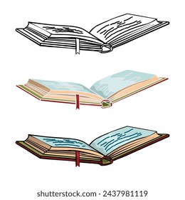 Set of open books with red covers