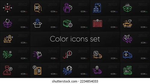 Set of Open box, Ambulance car and Delivery timer line icons. Include Parking payment, International flight, Flight mode icons. Honeymoon travel, Valet servant, Airplane travel web elements. Vector
