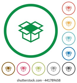 Set of open box color round outlined flat icons on white background