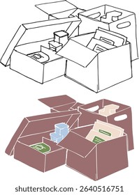 A set of open boxes containing goods Vector