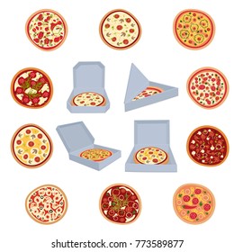 A set of open boxes with pizza. A set of pizza. Vector illustration.