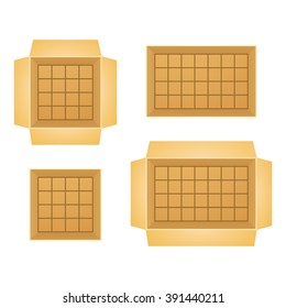 Set of open boxes with slots for storage of equipment, game interface, vector illustration
