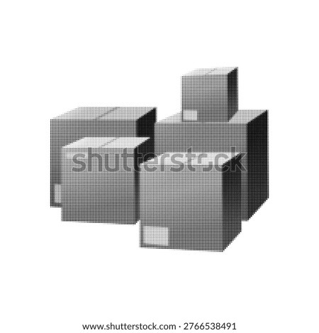 Set of open cardboard boxes in halftone style, monochrome dotted illustration isolated on white background, packaging and moving concept.