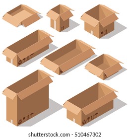 Set of open cardboard boxes isolated on white background.