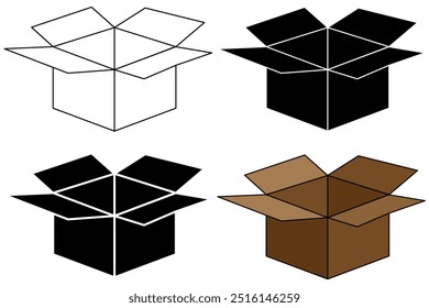 Set of open cardboard boxes in White and black, black and white, knockout and colour versions.  Parcel or moving concept