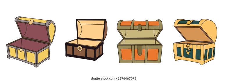 Set of open chests. Treasure chest isolated on white background. Vector illustration.