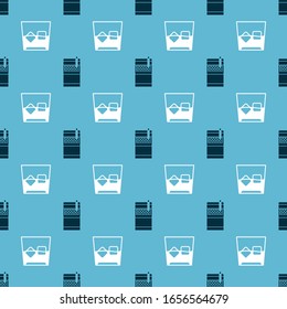 Set Open cigarettes pack box  and Glass of whiskey and ice cubes  on seamless pattern. Vector