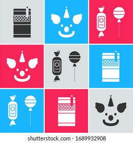 Set Open cigarettes pack box , Clown head  and Lollipop  icon. Vector