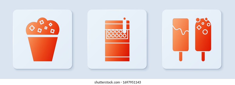 Set Open cigarettes pack box , Popcorn in cardboard box  and Ice cream . White square button. Vector