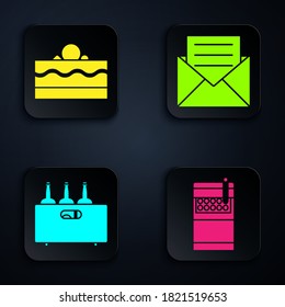 Set Open cigarettes pack box , Cake , Bottles of wine in a wooden box  and Envelope with invitation card . Black square button. Vector