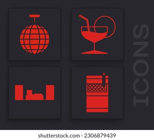 Set Open cigarettes pack box , Disco ball , Martini glass  and Home stereo with two speakers  icon. Vector