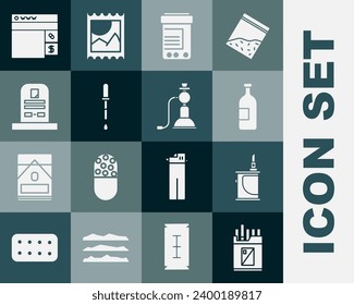 Set Open cigarettes pack box, Electronic, Alcohol drink bottle, Medicine and pills, Pipette, Tombstone with RIP written, Buying drugs online and Hookah icon. Vector