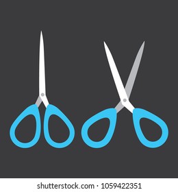 Set of open and close blue scissors flat design icon, vector for infographic, website or app, isloated on black background