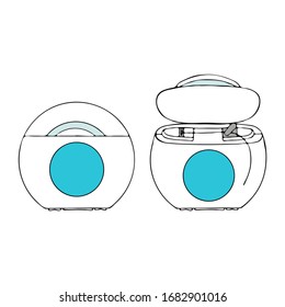 Abran el producto de hilo dental cerrado para el baño de casa individual de higiene oral. Limpieza de espacios interdentales. Dibujo plano aislado con vectores de color realista con fondo blanco con contorno negro icono