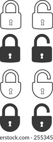 set of open and close padlock line and flat icon. collection of locked and unlocked lock on transparent background. Group Security symbol for your web site design, logo, app. safety protection