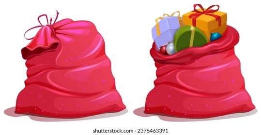 Set open and close red Christmas bag with gifts. Vector cartoon illustration isolated. Holiday symbol