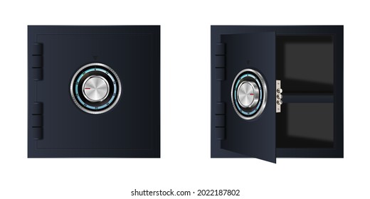 Set of open and closed black safe. Armored bank vault door with a combination lock. Reliable data protection. Long term storage. Safe icon. Protection of personal information