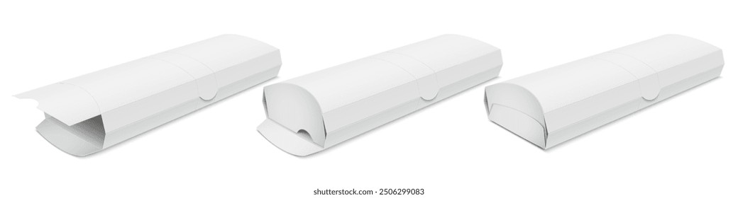 Set of open and closed blank paper takeaway boxes for sushi rolls. Vector realistic packaging template.illustration isolated on white background.