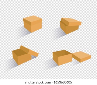 A set of open and closed boxes in different angles. Isometry in perspective. Vector illustration. Carton delivery packaging open and closed box. Cardboard box mockup set.