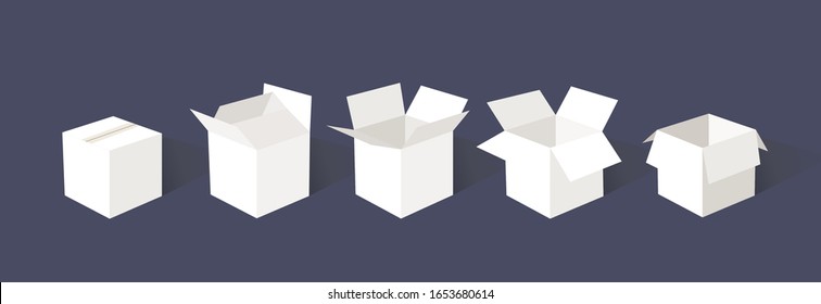 A set of open and closed boxes in different angles. Isometry in perspective. Vector illustration. Carton delivery packaging open and closed box. Cardboard box mockup set.