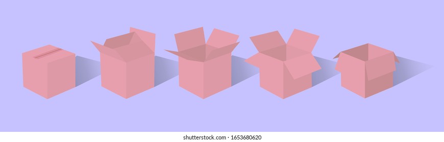 A set of open and closed boxes in different angles. Isometry in perspective. Vector illustration. Carton delivery packaging open and closed box. Cardboard box mockup set.
