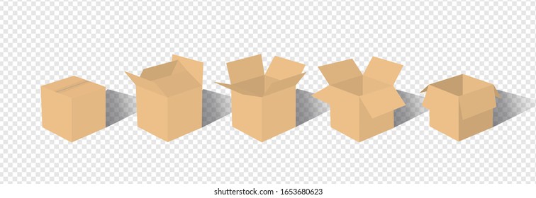 A set of open and closed boxes in different angles. Isometry in perspective. Vector illustration. Carton delivery packaging open and closed box. Cardboard box mockup set.