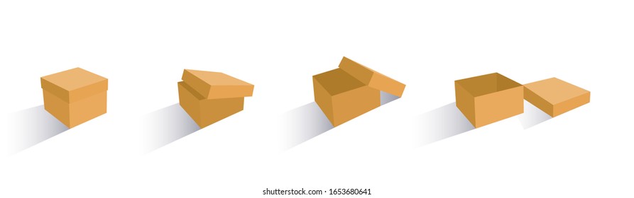 A set of open and closed boxes in different angles. Isometry in perspective. Vector illustration. Carton delivery packaging open and closed box. Cardboard box mockup set.