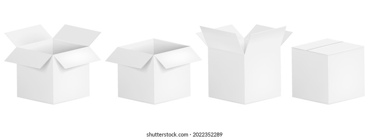 Set of open and closed boxes. White cardboard box. Vector illustration. Eps 10.