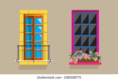 Set of open and closed bright colorful and vibrant different windows like the ones in Turkey with shutters, balconies and flower basket. Vector illustration.
