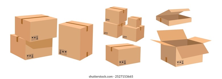 Conjunto de cajas de cartón abiertas y cerradas en estilo de dibujos animados. Ilustración vectorial de hermosas cajas de cartón para el transporte y almacenamiento de paquetes con alimentos, cosas aisladas sobre un fondo blanco.