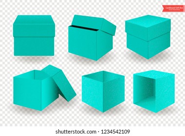 Set of open and closed cardboard green blue boxes with lids or covers. Front and top view. Package isolated on transparent background. Realistic Vector Illustration