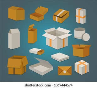 Set open and closed carton box. Delivery packaging vector illustration.