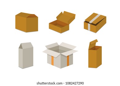 Set open and closed carton box. Delivery packaging vector illustration.