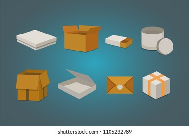 Set open and closed carton box. Delivery packaging vector illustration.
