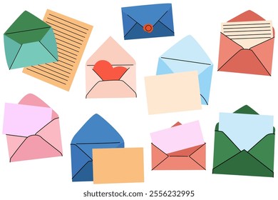 Set of open and closed colorful envelopes. Correspondence, communication, mail, newsletter, delivery concept