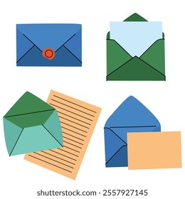 Set of open and closed colorful envelopes. Correspondence, communication, mail, newsletter, delivery concept