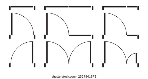 Set of open and closed door icons for floor plan project. Entrance or exit signs on floorplan in top view. Architecture elements for blueprint isolated on white background. Vector graphic illustration