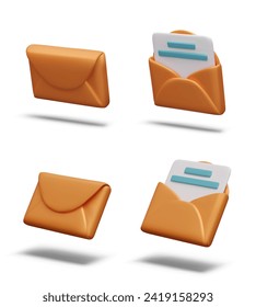 Set of open and closed envelopes in different positions. Mail receipts, news, letters, notifications