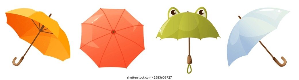 Set of open, closed, folded, closed umbrellas of different colors. Rain umbrellas for rainy weather, protective accessories of different types on a white background.