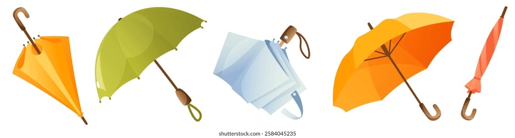 Set of open, closed, folded, closed umbrellas of different colors. Rain umbrellas for rainy weather, protective accessories of different types on a white background.