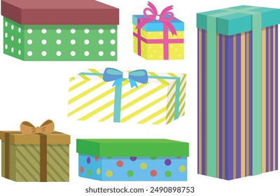 Set of open and closed gift boxes isolated on background. Vector illustration of colorful striped, dotted and checkered surprise packages decorated with ribbon bows with light and sparkles inside