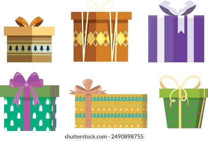 Set of open and closed gift boxes isolated on background. Vector illustration of colorful striped, dotted and checkered surprise packages decorated with ribbon bows with light and sparkles inside