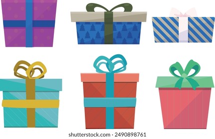 Set of open and closed gift boxes isolated on background. Vector illustration of colorful striped, dotted and checkered surprise packages decorated with ribbon bows with light and sparkles inside