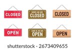 Set of open and closed hanging sign boards on the door. sign for cafe, restaurant, bar or retail store. Announcement banner, information signage for business or service. Vector illustration.